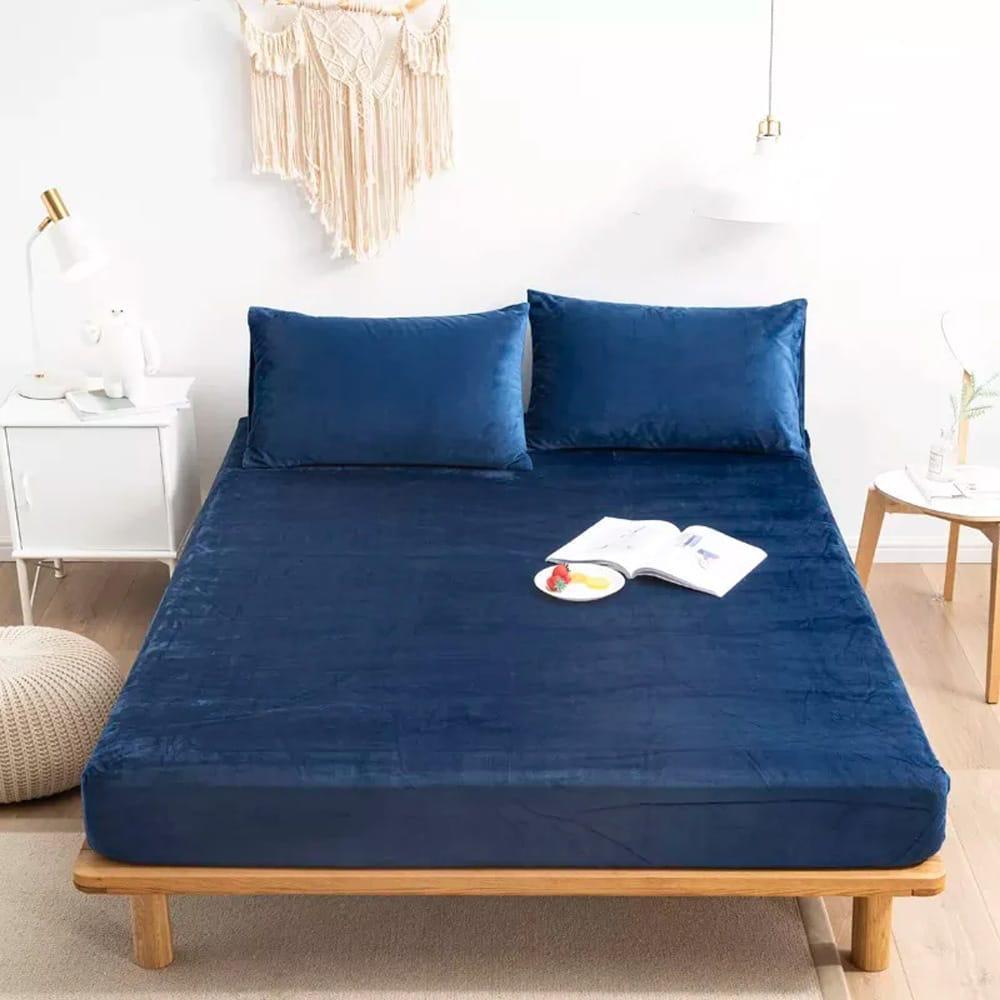 Velvet Fitted Bedsheet-Blue