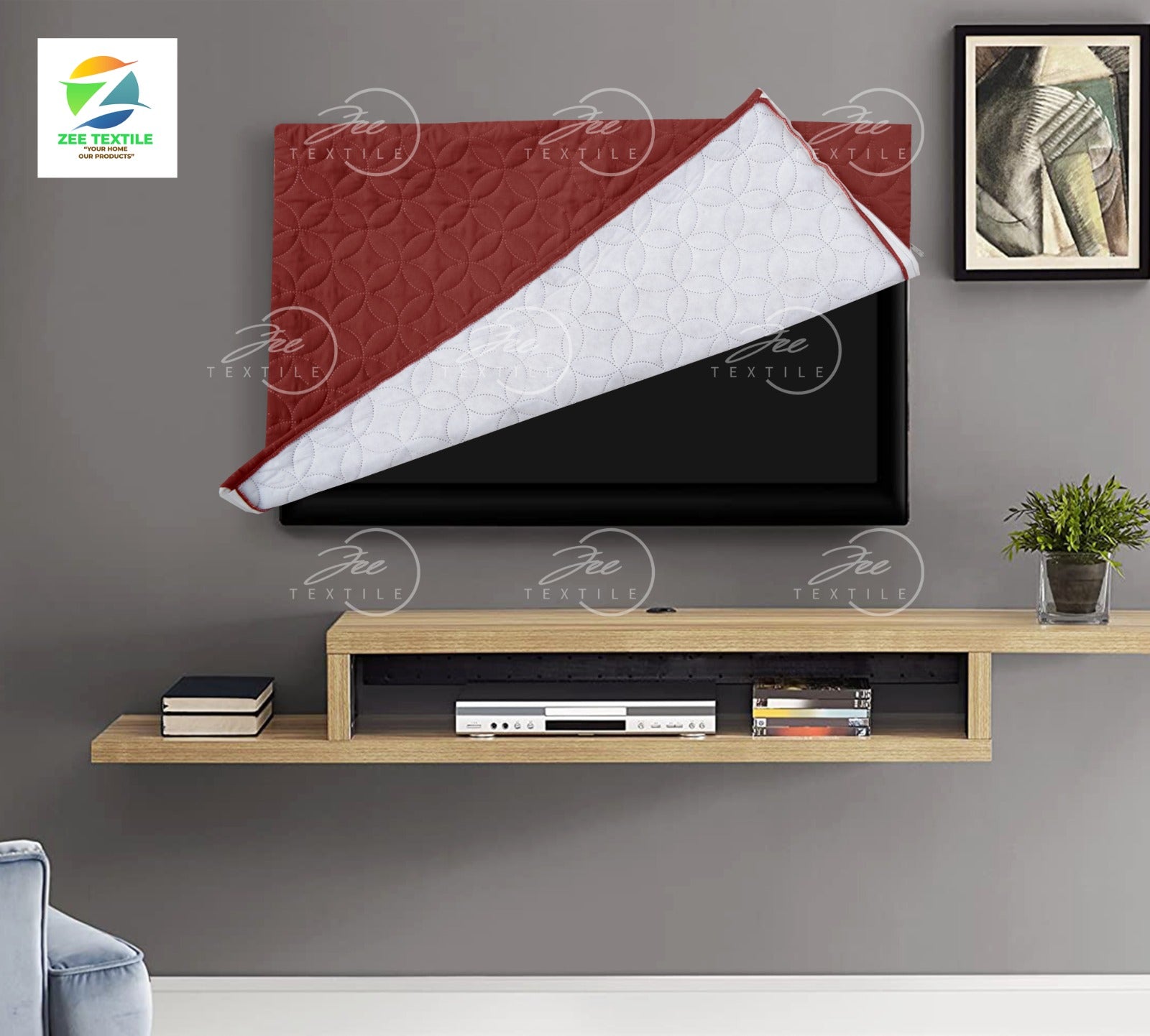 Ultrasonic Quilted Dust-Proof LED TV Cover-Maroon