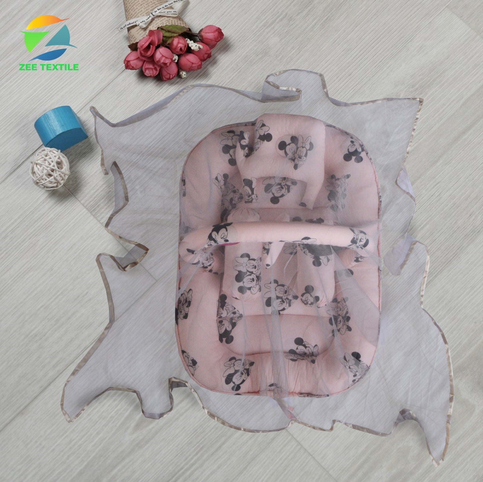 Micky Mouse, Printed Baby Nest with snuggle & Mosquito Net-5 pcs-Peach