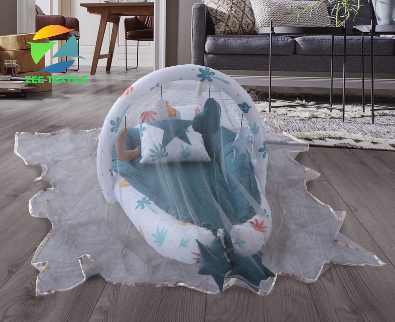 Little Leaf Printed Baby snuggle Bed with Pillow and Mosquito Net-7473
