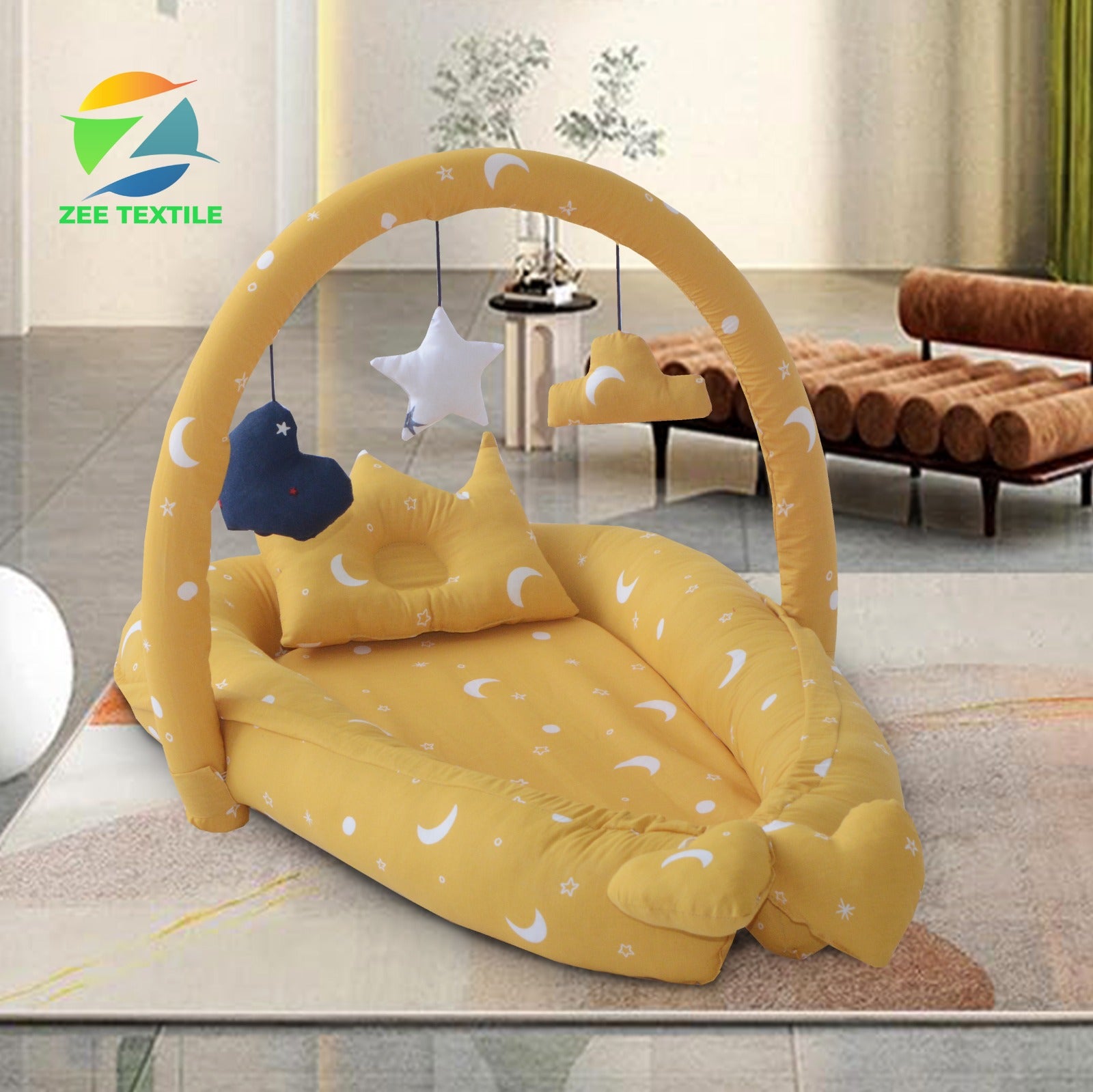 Printed Baby snuggle Bed with Crown Pillow and Mosquito Net- Yellow
