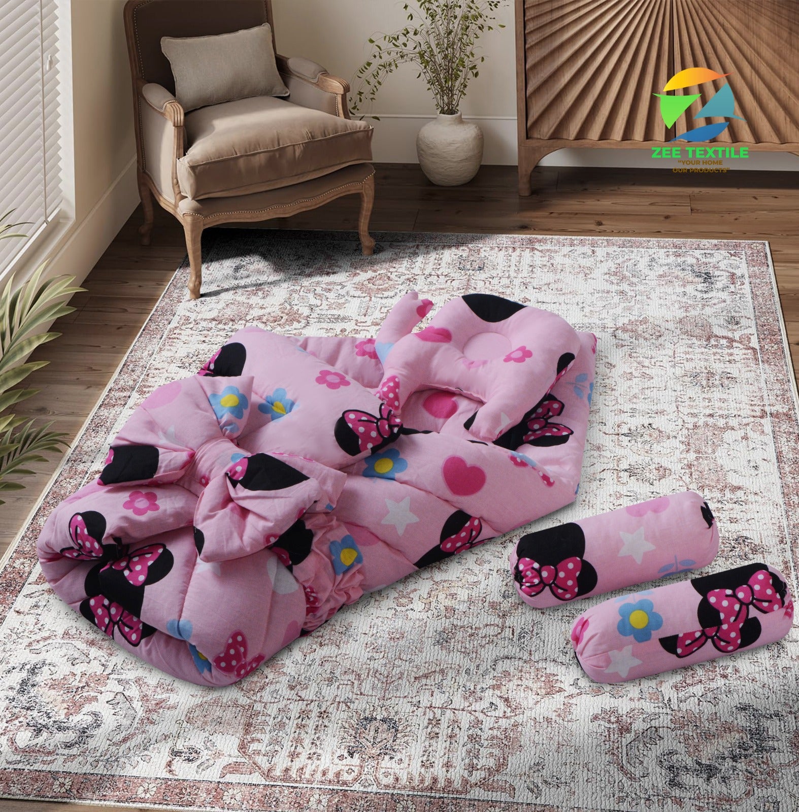 Printed Baby snuggle Set-6 pcs with Mosquito Net-Pink