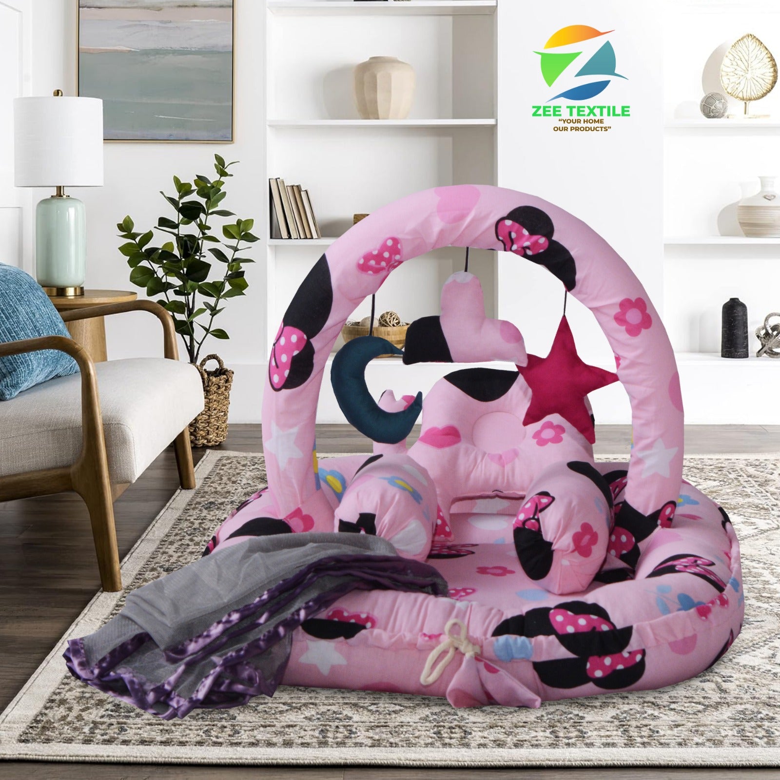 Printed Baby Nest with snuggle & Mosquito Net-5 pcs-Pink