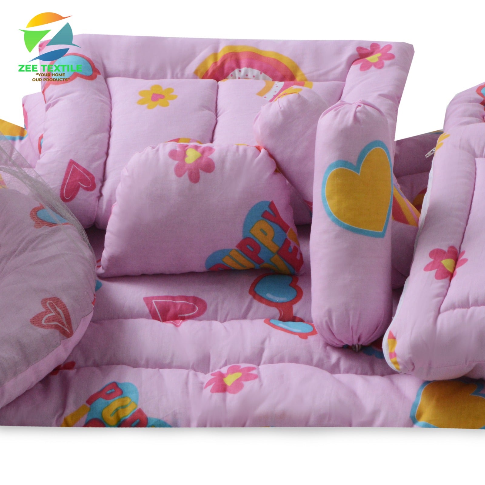 Rainbow Printed Cotton Baby Sleeping Set-7 Pcs-Pink