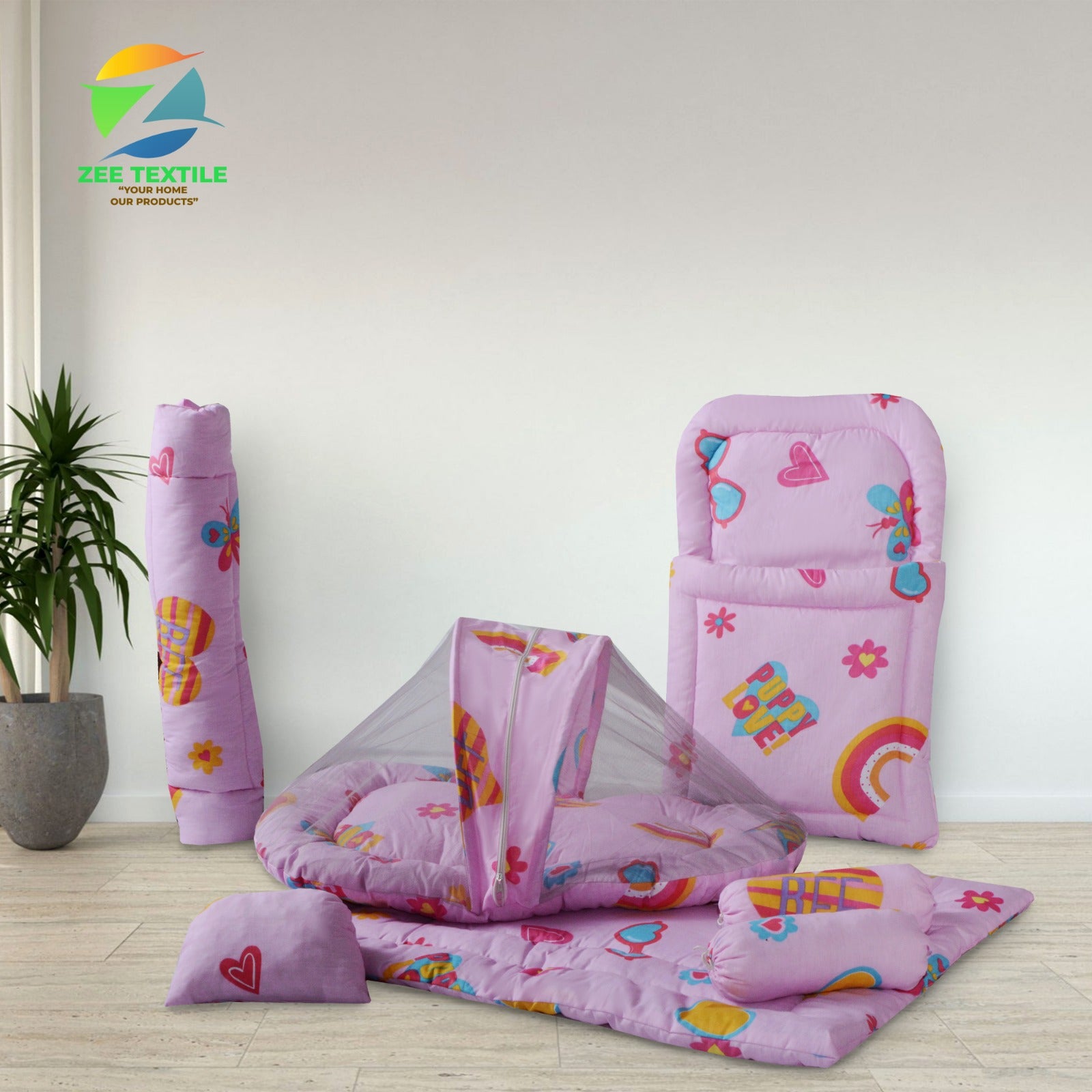 Rainbow Printed Cotton Baby Sleeping Set-7 Pcs-Pink