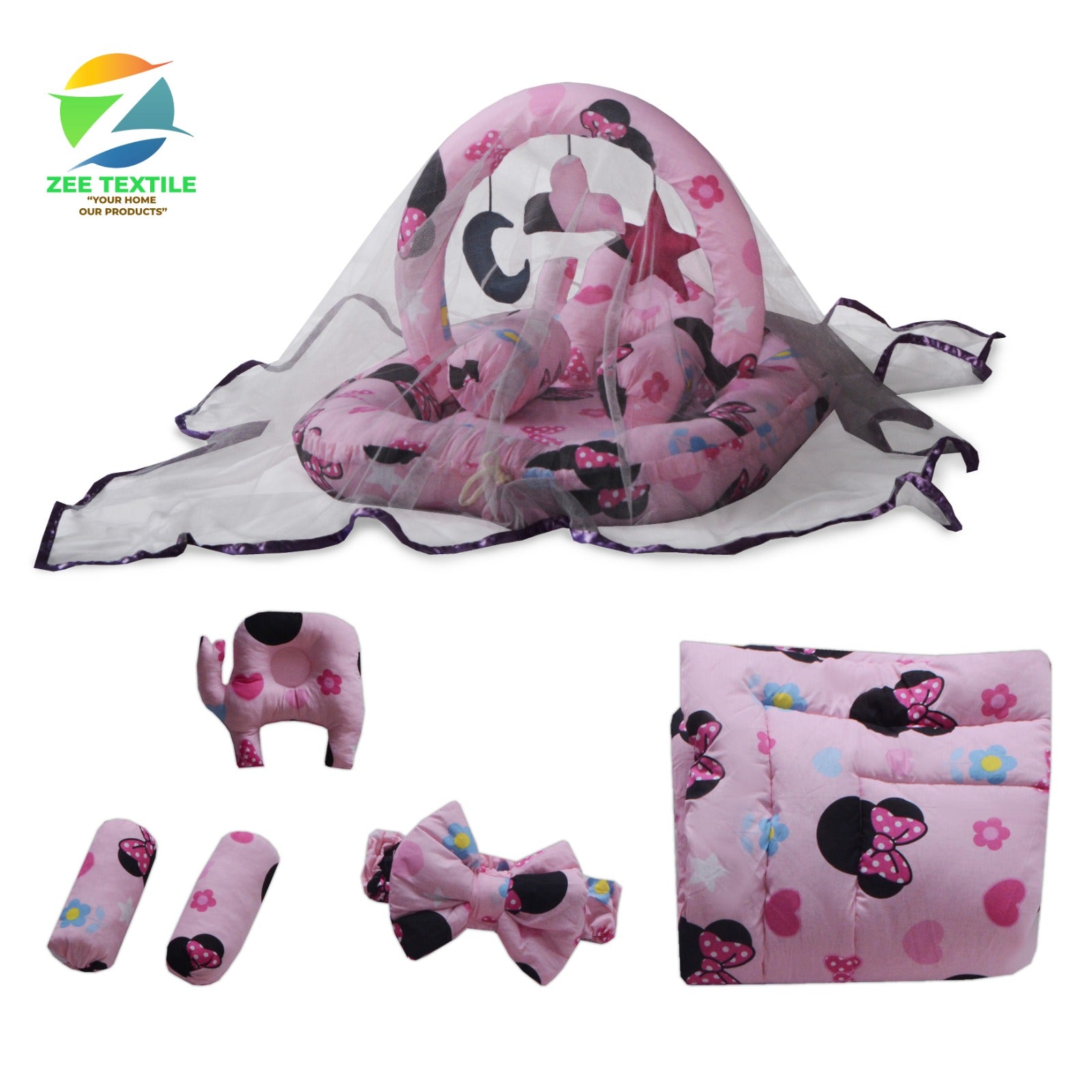 Printed Baby snuggle Set-6 pcs with Mosquito Net-Pink