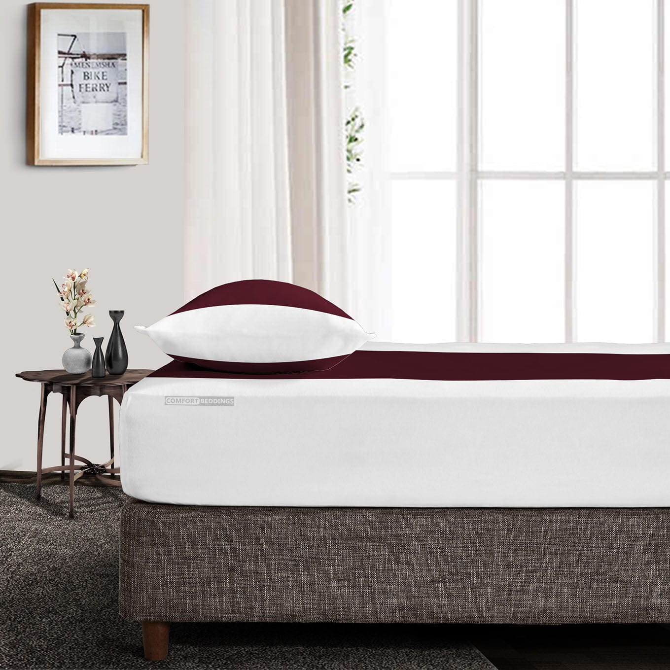 Luxurious Cotton White Contrast Fitted Sheets-Maroon